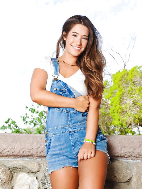 Excellent american babe Eva Lovia in shorts exposes her butt and hairy pussy outdoor